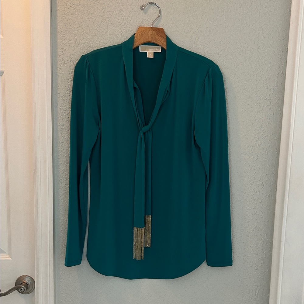 Michael Kors Teal Blouse with Tie Detail